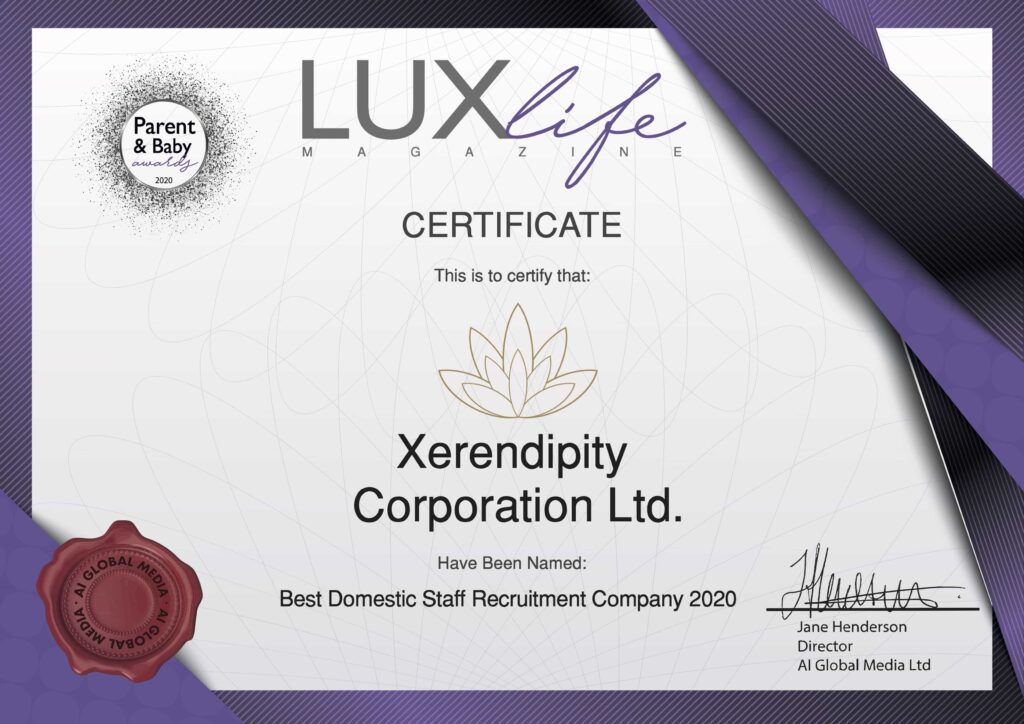 Xerendipity Recruitment of high quality domestic staff, referred and guaranteed 12 months - LUXlife-Parent and Baby Certificate
