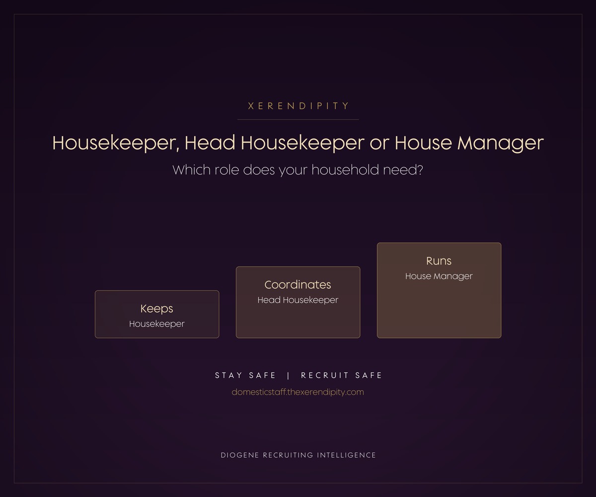 Three gold steps labelled keeps (housekeeper), coordinates (head housekeeper) and runs (house manager), beneath the article title
